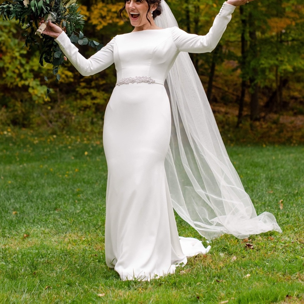 Mikaella Style #2105 Long Sleeve Open Back Crepe Wedding Dress